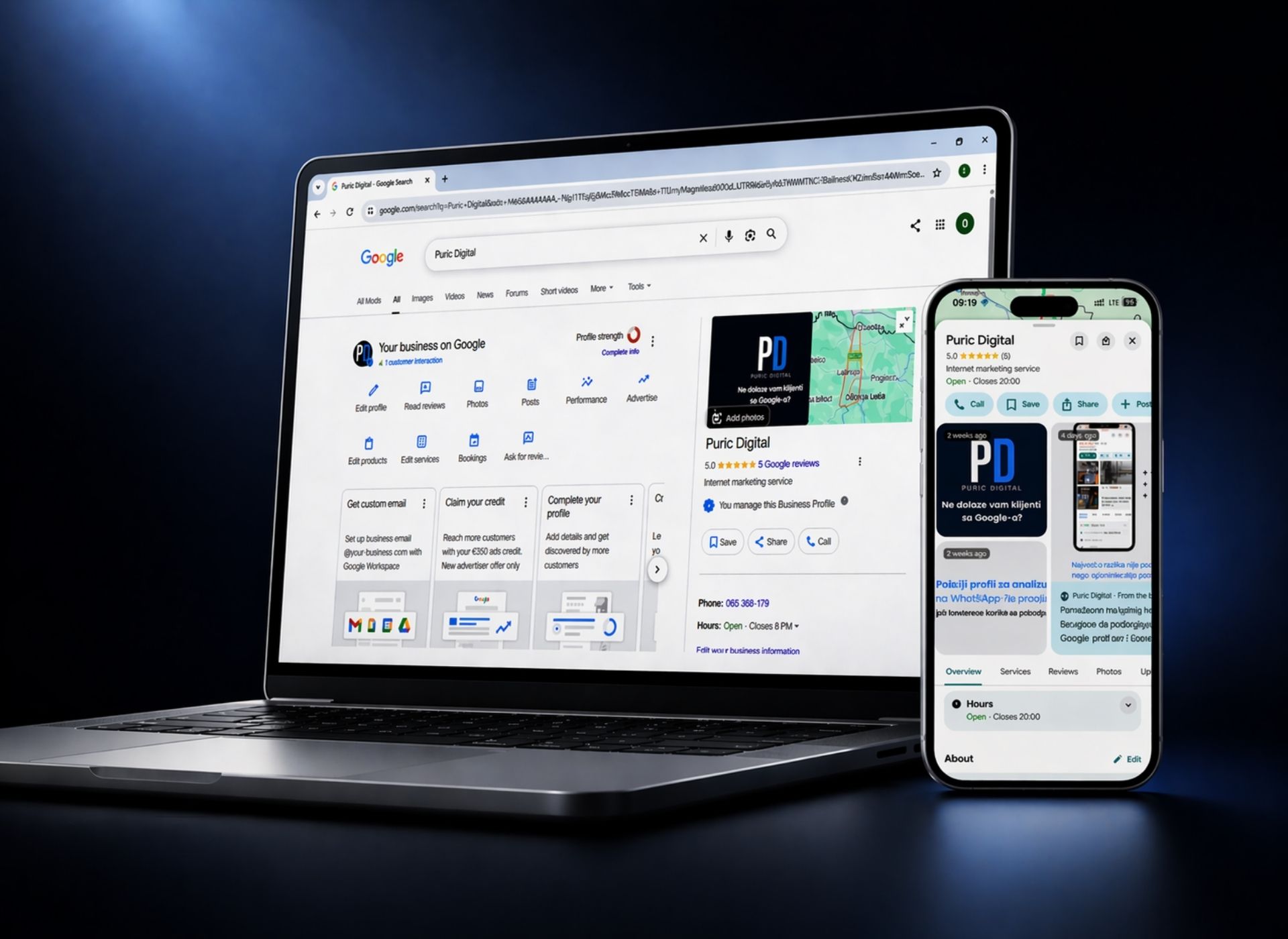 Puric Digital - Google Business profil optimizacija prikazan na laptopu i telefonu