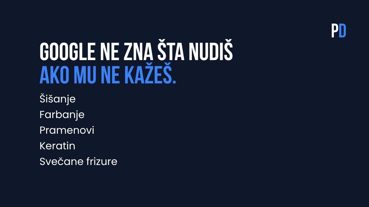 Lista usluga frizerskog salona na Google Business profilu