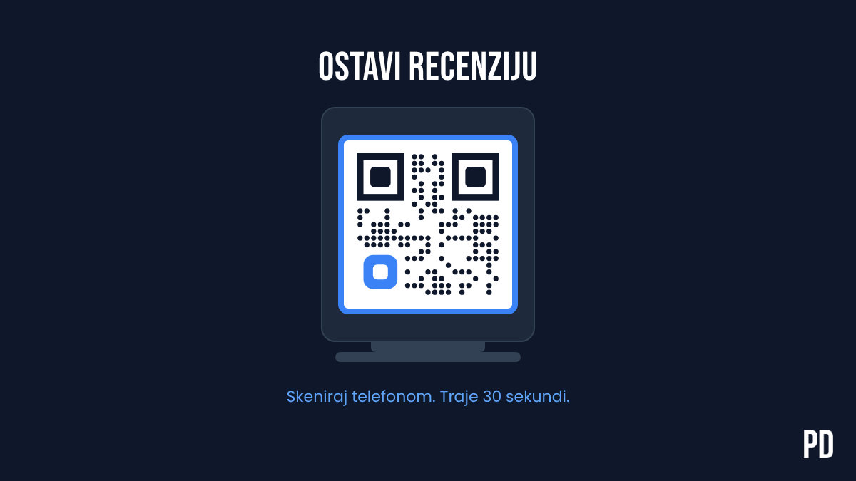 QR kod i direktan link za ostavljanje Google recenzije na pultu lokalnog biznisa